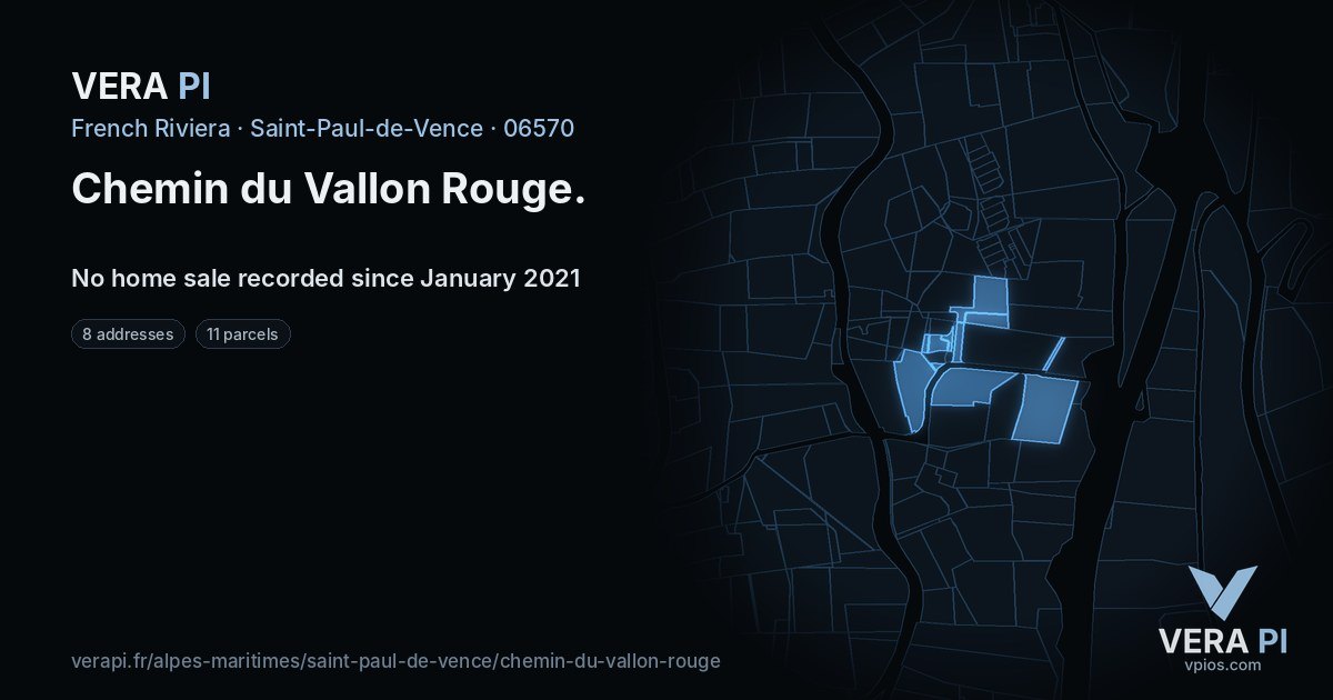 Chemin du Vallon Rouge, Saint-Paul-de-Vence at night – every parcel coloured by the prices around it, the street's own parcels lit