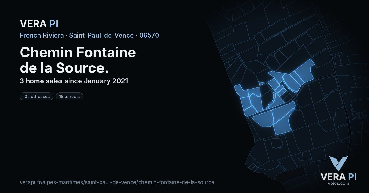 Chemin Fontaine de la Source, Saint-Paul-de-Vence at night – every parcel coloured by the prices around it, the street's own parcels lit