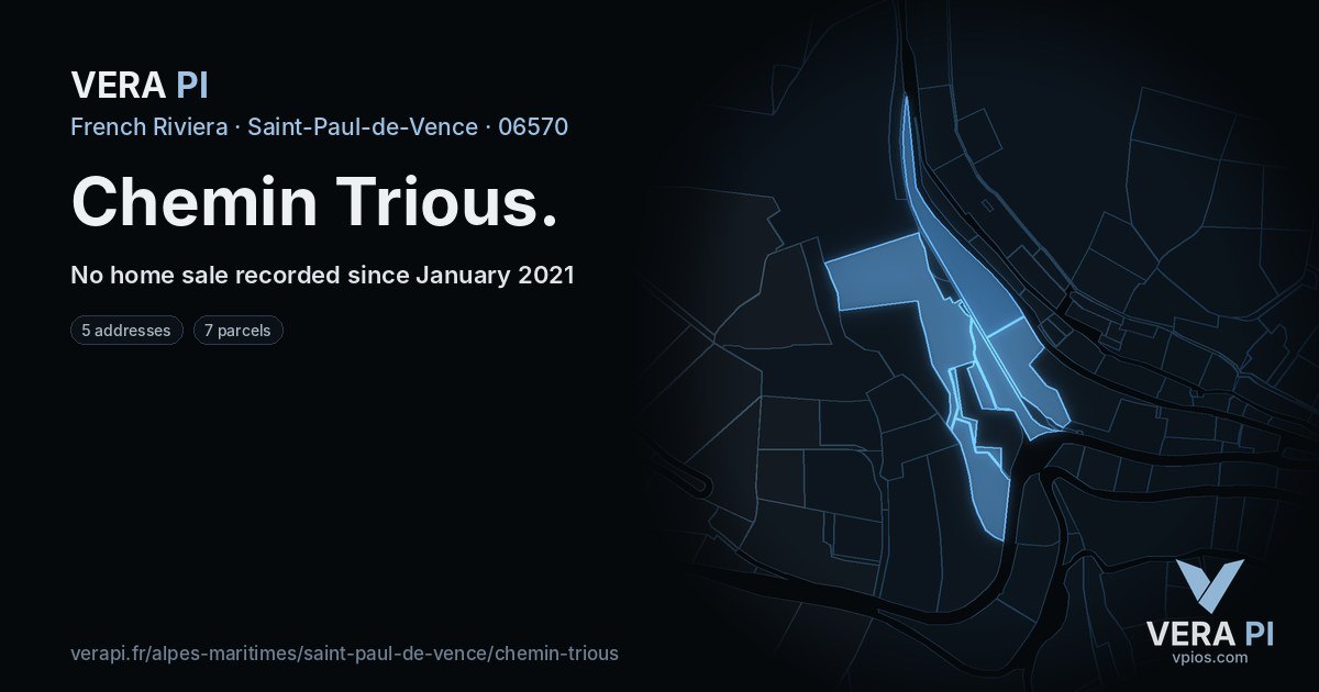 Chemin Trious, Saint-Paul-de-Vence at night – every parcel coloured by the prices around it, the street's own parcels lit