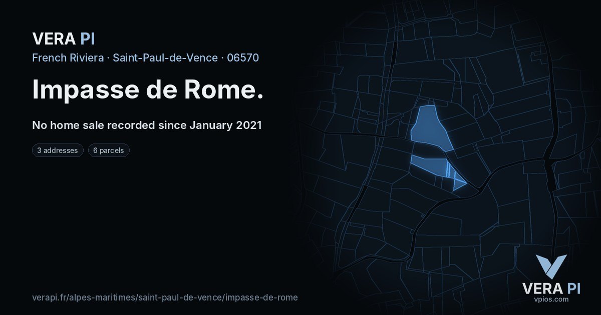 Impasse de Rome, Saint-Paul-de-Vence at night – every parcel coloured by the prices around it, the street's own parcels lit
