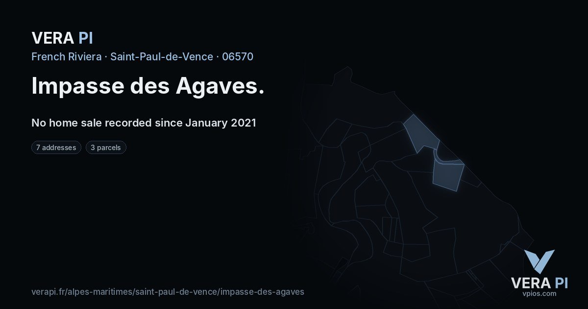 Impasse des Agaves, Saint-Paul-de-Vence at night – every parcel coloured by the prices around it, the street's own parcels lit
