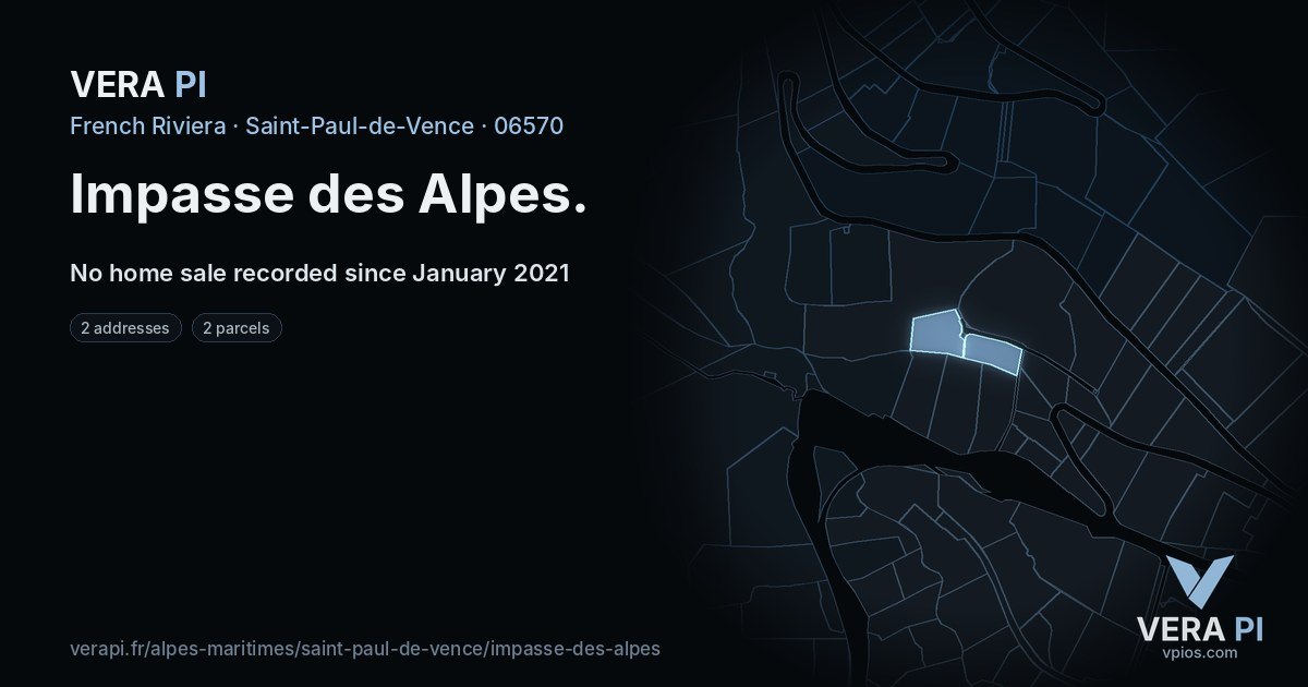 Impasse des Alpes, Saint-Paul-de-Vence at night – every parcel coloured by the prices around it, the street's own parcels lit
