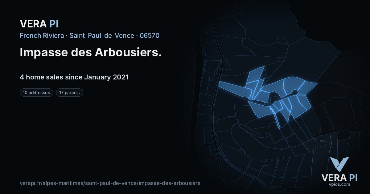 Impasse des Arbousiers, Saint-Paul-de-Vence at night – every parcel coloured by the prices around it, the street's own parcels lit