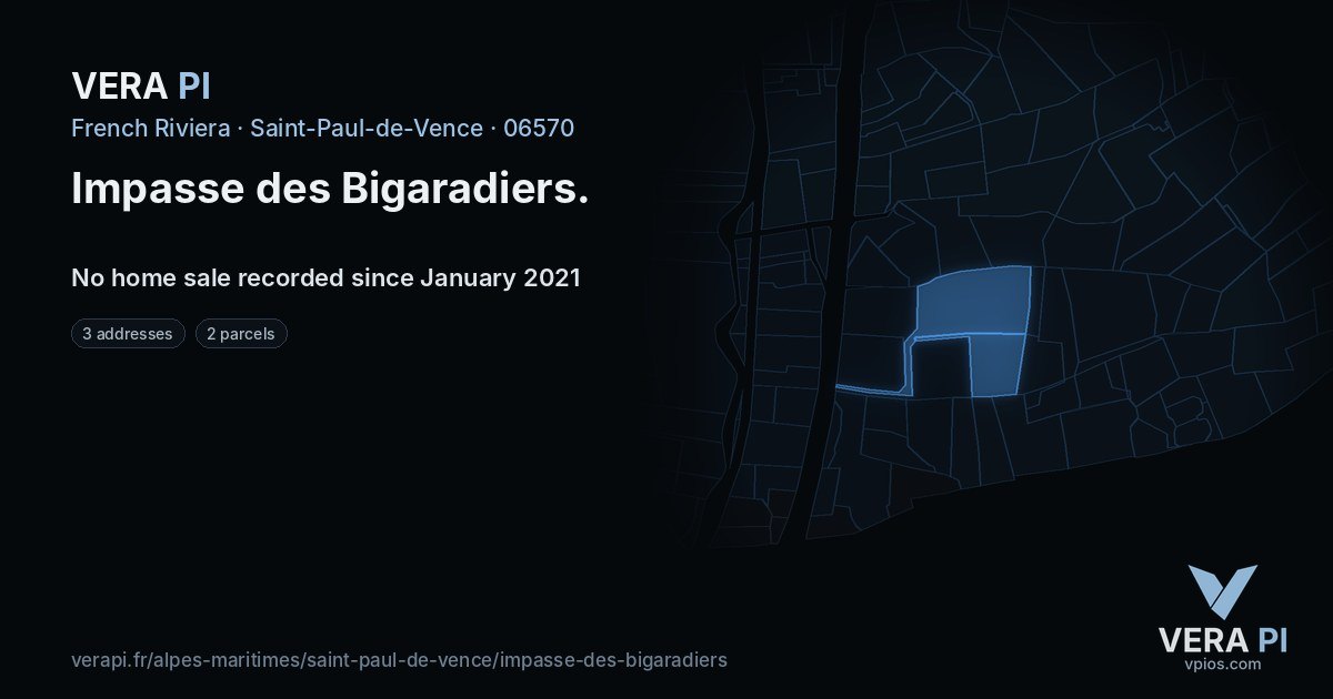 Impasse des Bigaradiers, Saint-Paul-de-Vence at night – every parcel coloured by the prices around it, the street's own parcels lit