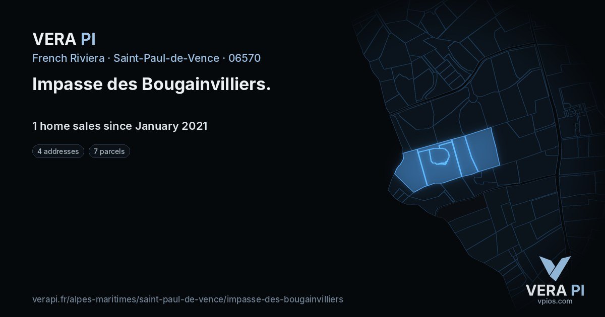 Impasse des Bougainvilliers, Saint-Paul-de-Vence at night – every parcel coloured by the prices around it, the street's own parcels lit