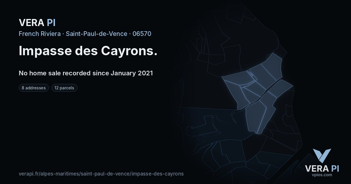 Impasse des Cayrons, Saint-Paul-de-Vence at night – every parcel coloured by the prices around it, the street's own parcels lit