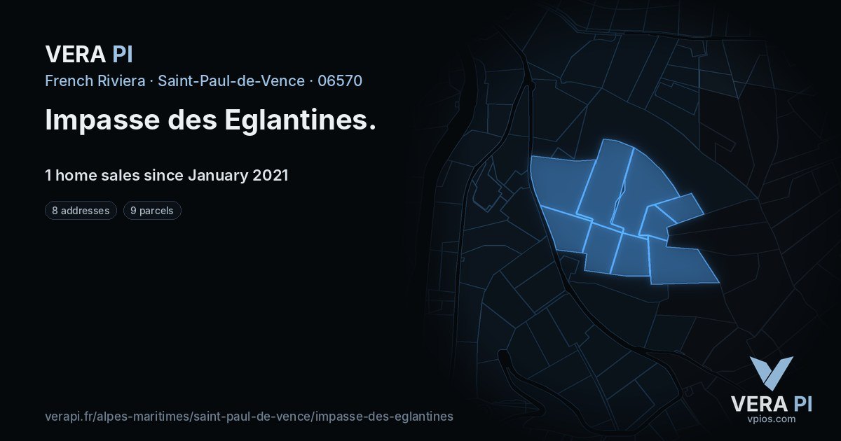 Impasse des Eglantines, Saint-Paul-de-Vence at night – every parcel coloured by the prices around it, the street's own parcels lit