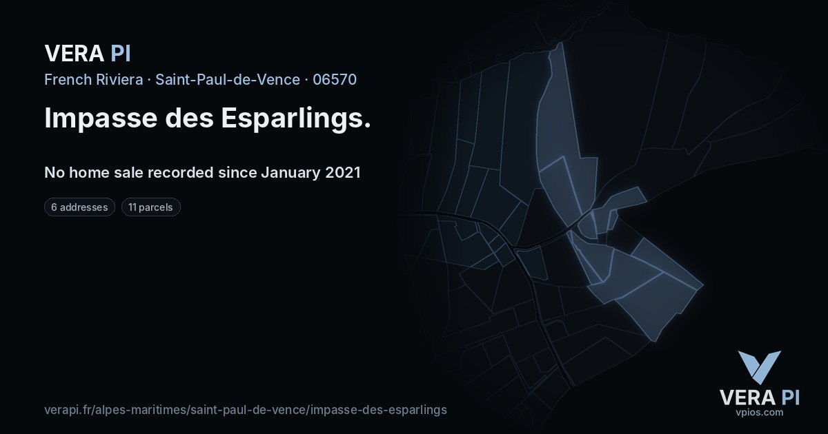 Impasse des Esparlings, Saint-Paul-de-Vence at night – every parcel coloured by the prices around it, the street's own parcels lit