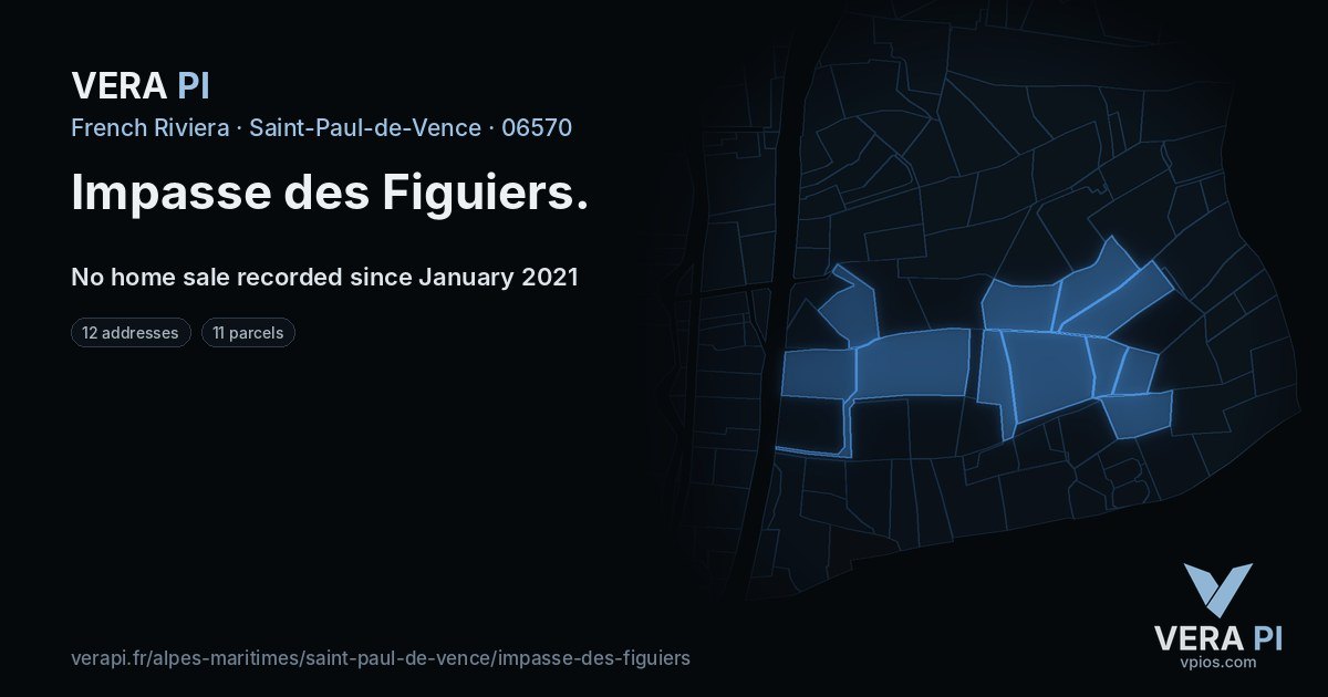 Impasse des Figuiers, Saint-Paul-de-Vence at night – every parcel coloured by the prices around it, the street's own parcels lit