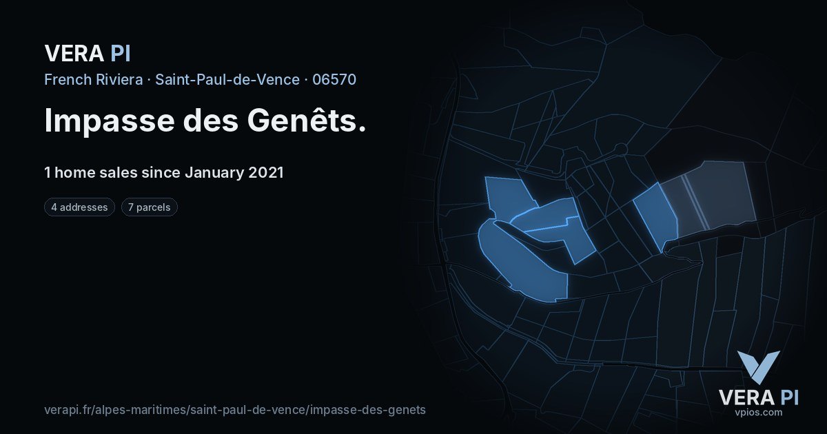 Impasse des Genêts, Saint-Paul-de-Vence at night – every parcel coloured by the prices around it, the street's own parcels lit