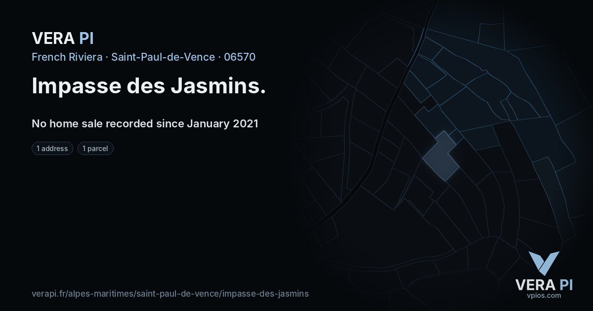 Impasse des Jasmins, Saint-Paul-de-Vence at night – every parcel coloured by the prices around it, the street's own parcels lit