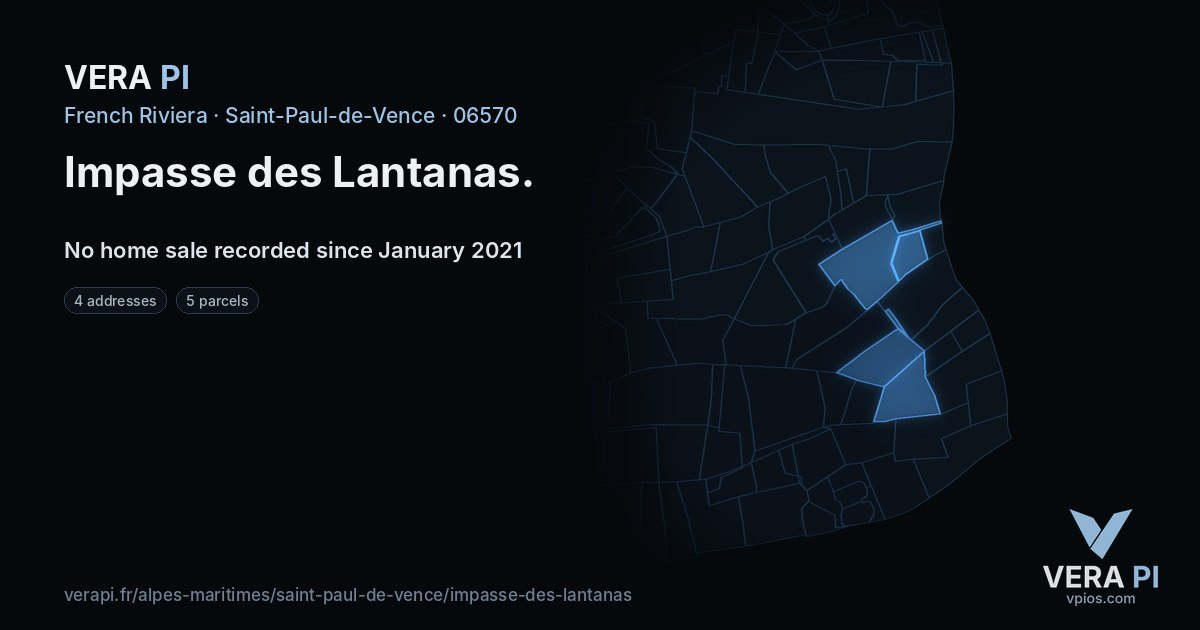 Impasse des Lantanas, Saint-Paul-de-Vence at night – every parcel coloured by the prices around it, the street's own parcels lit