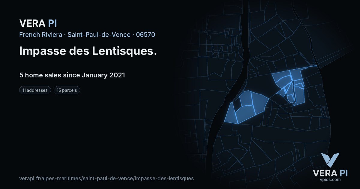 Impasse des Lentisques, Saint-Paul-de-Vence at night – every parcel coloured by the prices around it, the street's own parcels lit