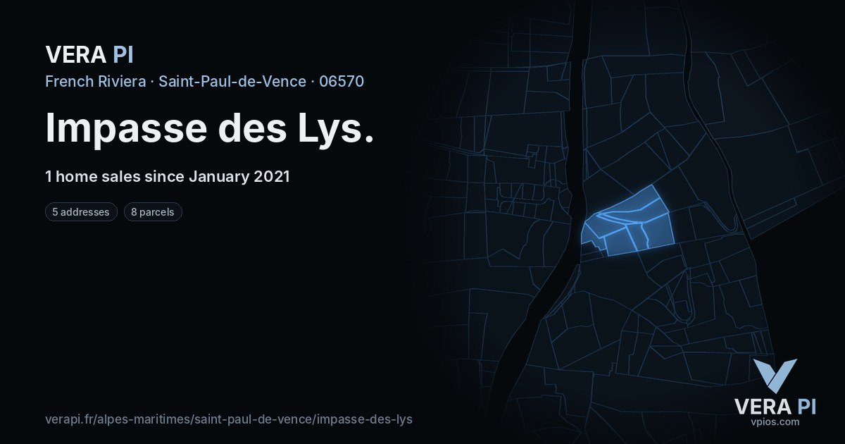 Impasse des Lys, Saint-Paul-de-Vence at night – every parcel coloured by the prices around it, the street's own parcels lit
