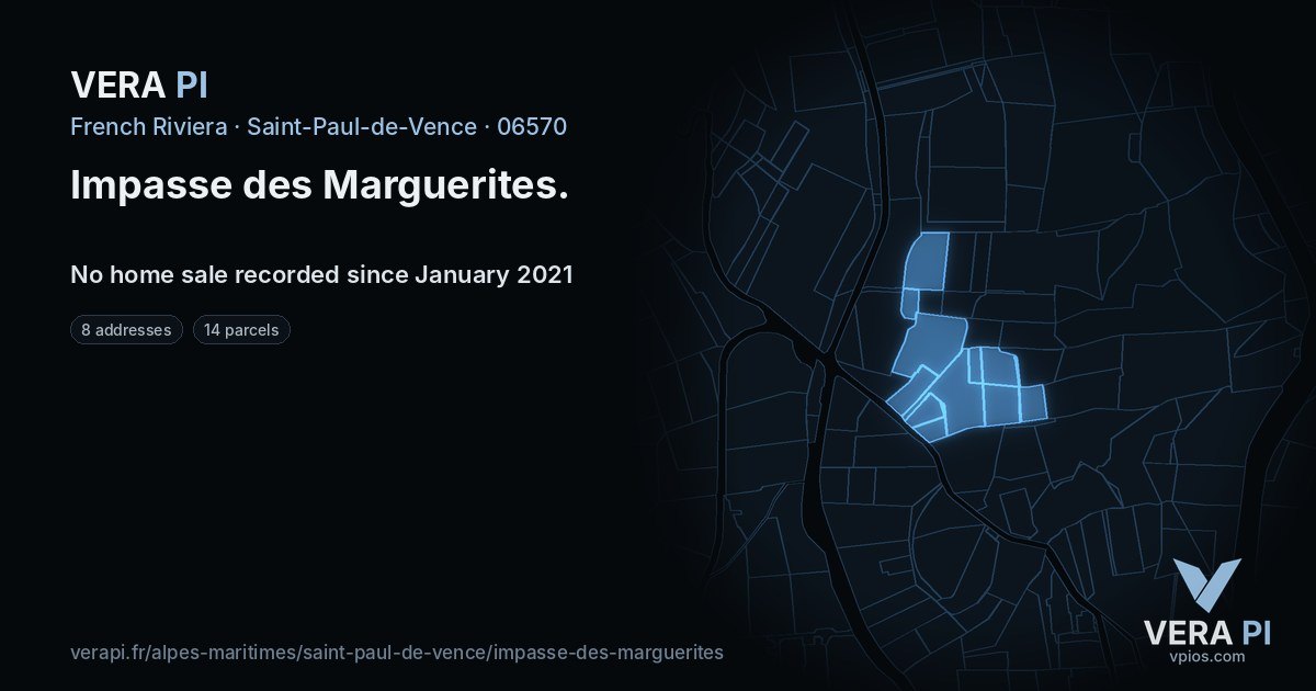 Impasse des Marguerites, Saint-Paul-de-Vence at night – every parcel coloured by the prices around it, the street's own parcels lit