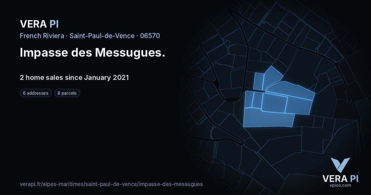 Impasse des Messugues, Saint-Paul-de-Vence at night – every parcel coloured by the prices around it, the street's own parcels lit