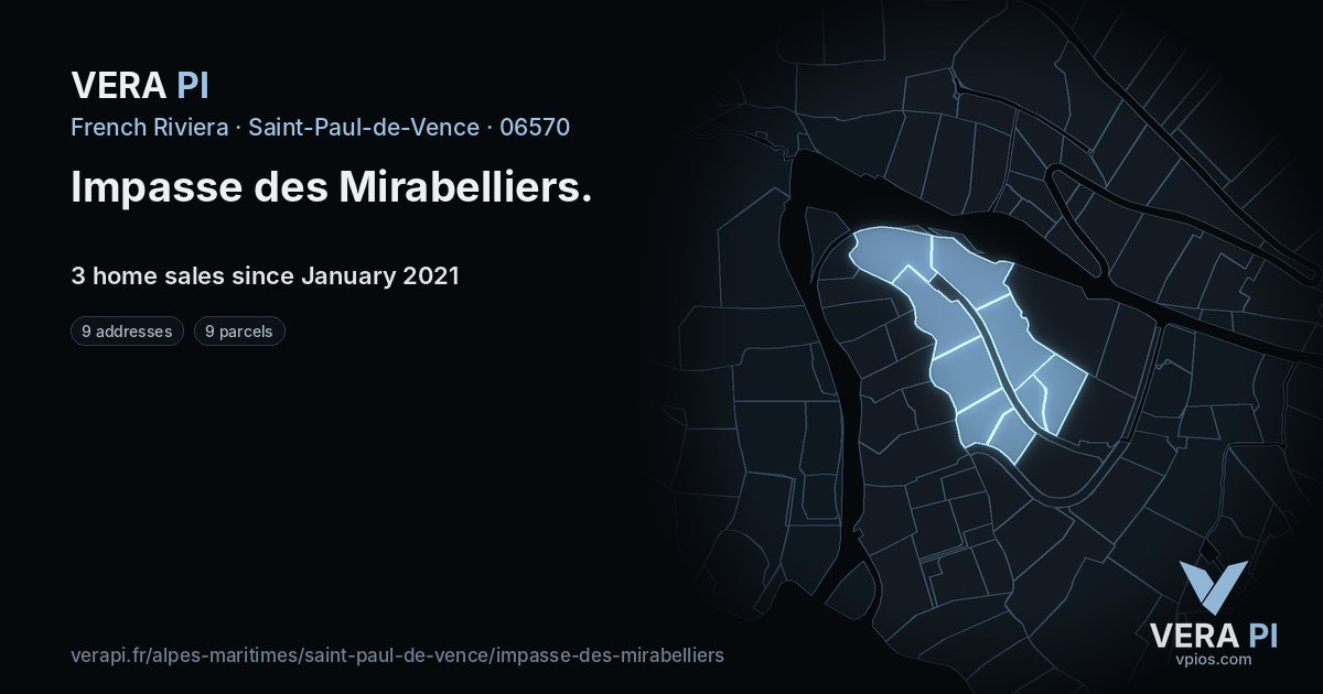 Impasse des Mirabelliers, Saint-Paul-de-Vence at night – every parcel coloured by the prices around it, the street's own parcels lit