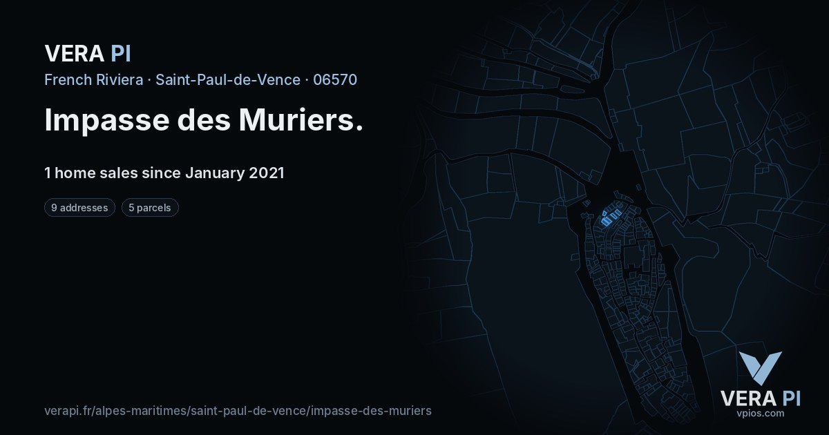 Impasse des Muriers, Saint-Paul-de-Vence at night – every parcel coloured by the prices around it, the street's own parcels lit