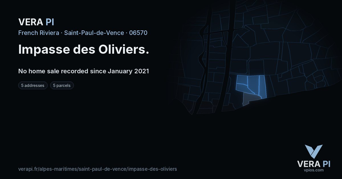 Impasse des Oliviers, Saint-Paul-de-Vence at night – every parcel coloured by the prices around it, the street's own parcels lit