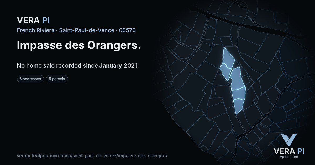 Impasse des Orangers, Saint-Paul-de-Vence at night – every parcel coloured by the prices around it, the street's own parcels lit