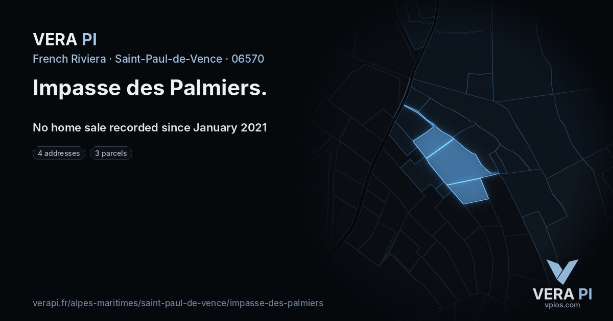 Impasse des Palmiers, Saint-Paul-de-Vence at night – every parcel coloured by the prices around it, the street's own parcels lit