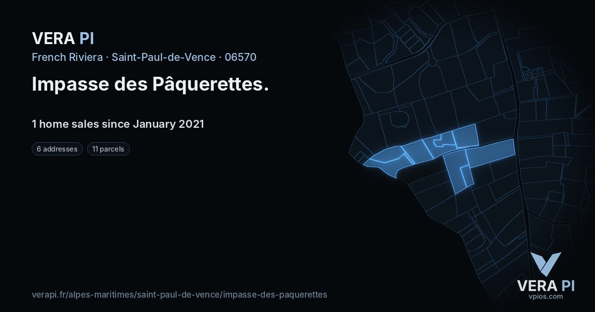 Impasse des Pâquerettes, Saint-Paul-de-Vence at night – every parcel coloured by the prices around it, the street's own parcels lit
