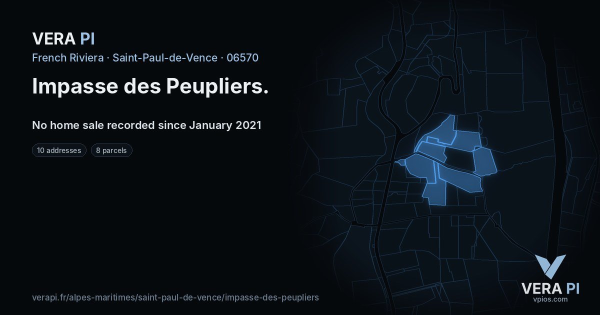 Impasse des Peupliers, Saint-Paul-de-Vence at night – every parcel coloured by the prices around it, the street's own parcels lit