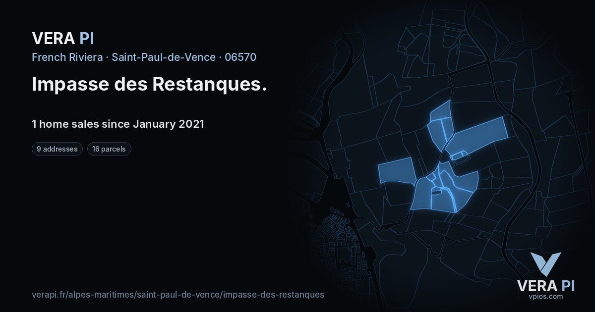 Impasse des Restanques, Saint-Paul-de-Vence at night – every parcel coloured by the prices around it, the street's own parcels lit