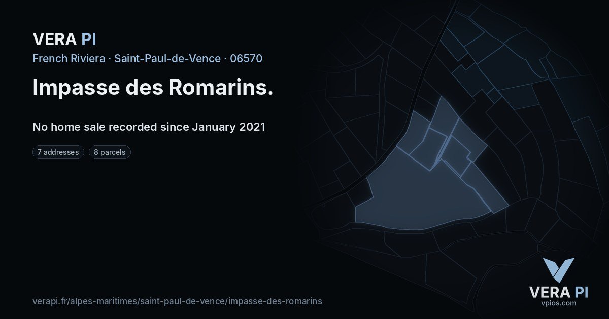 Impasse des Romarins, Saint-Paul-de-Vence at night – every parcel coloured by the prices around it, the street's own parcels lit