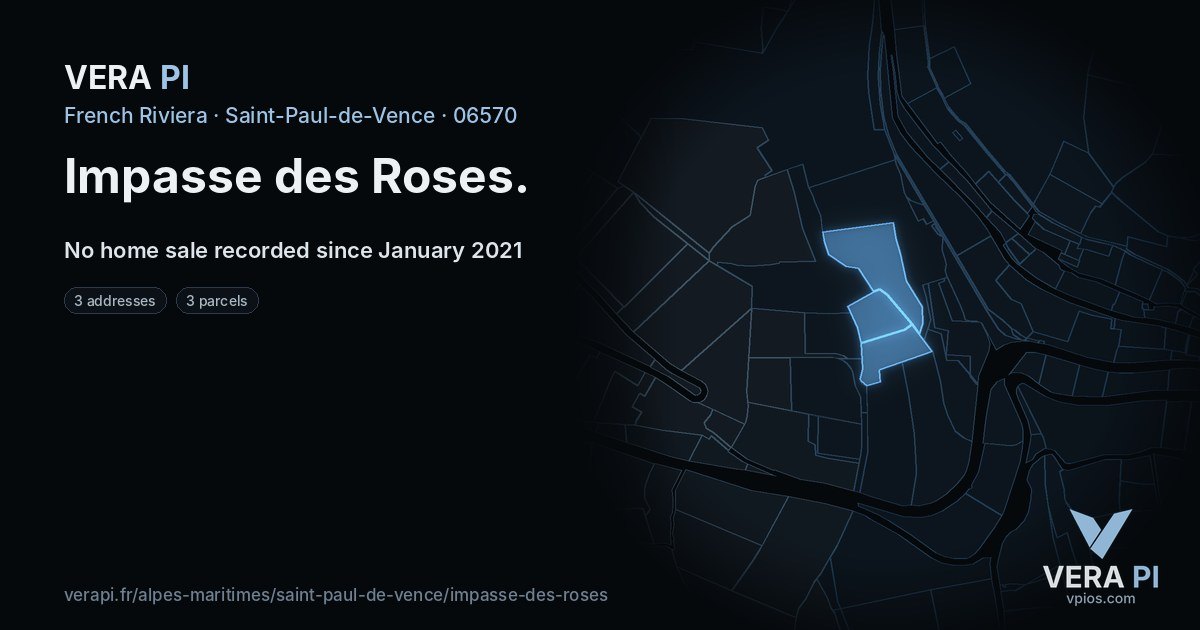 Impasse des Roses, Saint-Paul-de-Vence at night – every parcel coloured by the prices around it, the street's own parcels lit