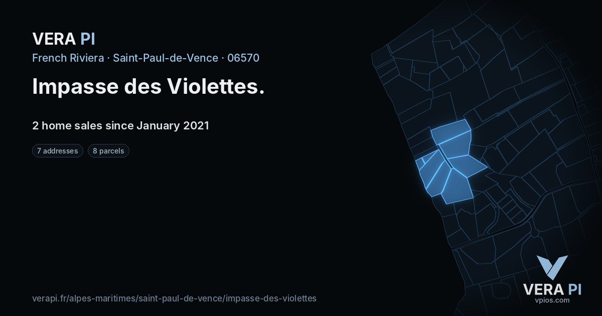Impasse des Violettes, Saint-Paul-de-Vence at night – every parcel coloured by the prices around it, the street's own parcels lit