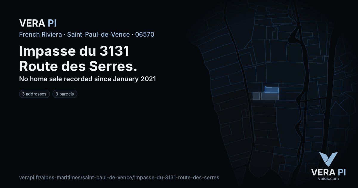 Impasse du 3131 Route des Serres, Saint-Paul-de-Vence at night – every parcel coloured by the prices around it, the street's own parcels lit