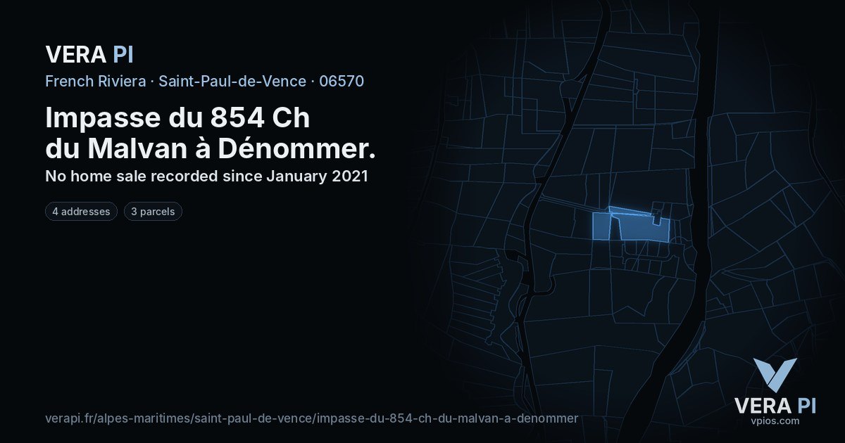 Impasse du 854 Ch du Malvan à Dénommer, Saint-Paul-de-Vence at night – every parcel coloured by the prices around it, the street's own parcels lit