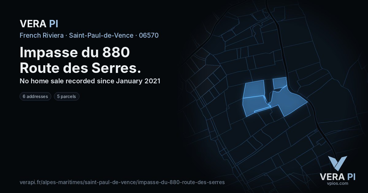Impasse du 880 Route des Serres, Saint-Paul-de-Vence at night – every parcel coloured by the prices around it, the street's own parcels lit