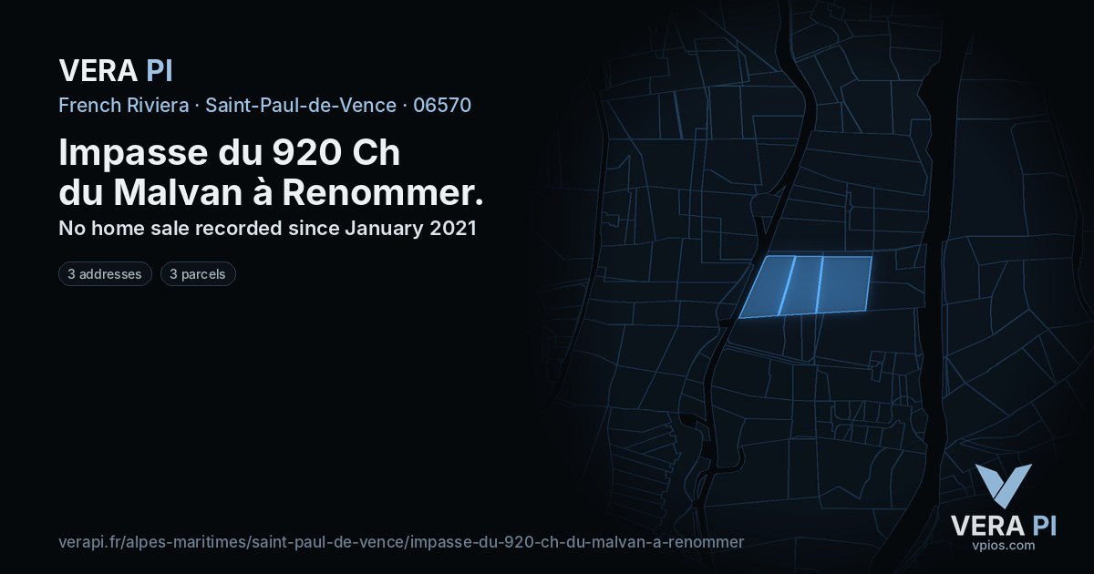 Impasse du 920 Ch du Malvan à Renommer, Saint-Paul-de-Vence at night – every parcel coloured by the prices around it, the street's own parcels lit