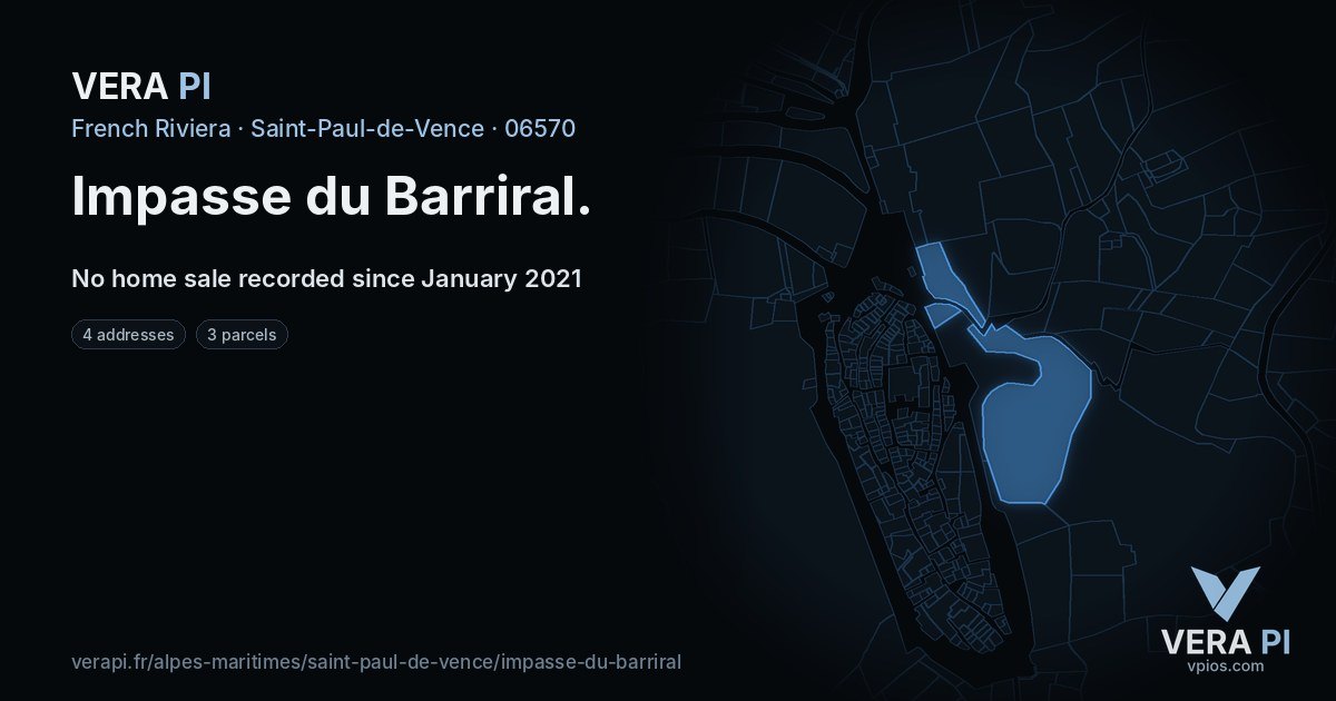 Impasse du Barriral, Saint-Paul-de-Vence at night – every parcel coloured by the prices around it, the street's own parcels lit