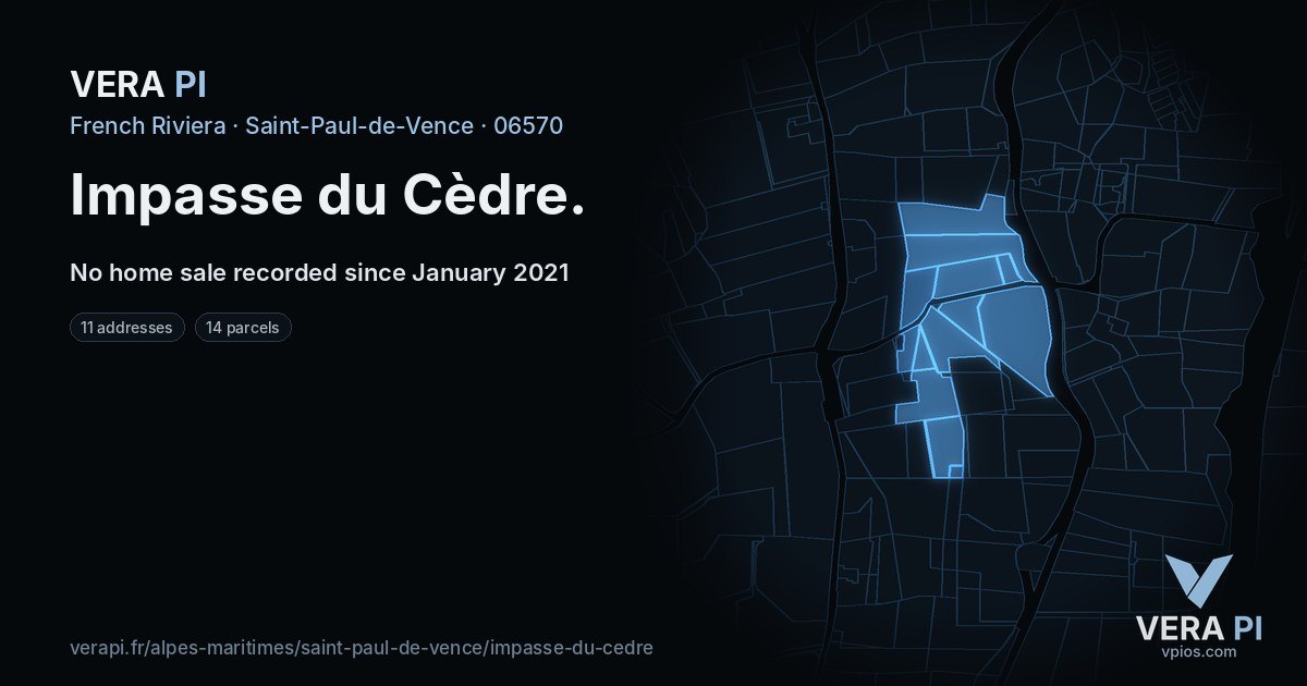 Impasse du Cèdre, Saint-Paul-de-Vence at night – every parcel coloured by the prices around it, the street's own parcels lit