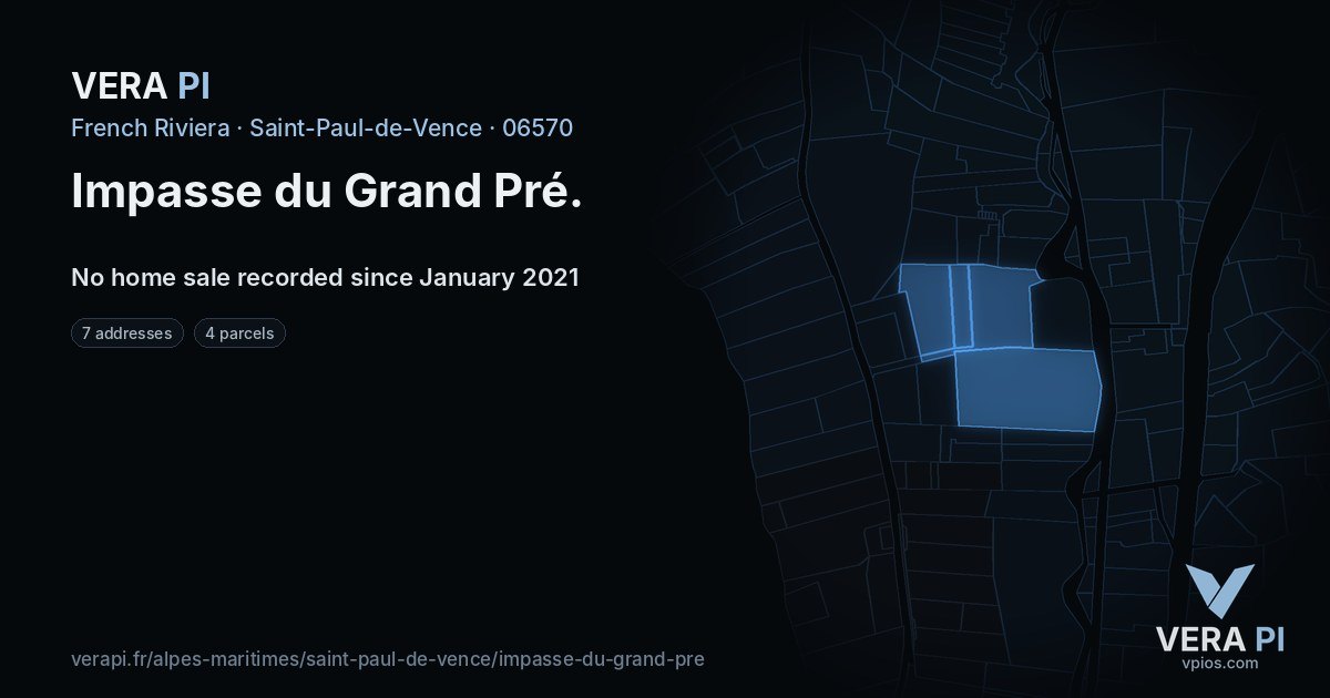Impasse du Grand Pré, Saint-Paul-de-Vence at night – every parcel coloured by the prices around it, the street's own parcels lit