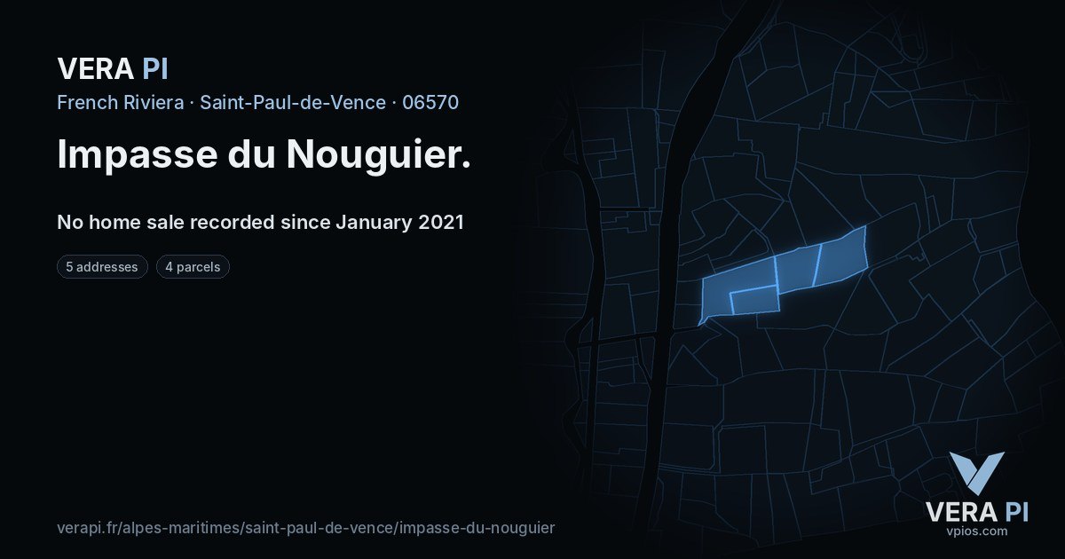 Impasse du Nouguier, Saint-Paul-de-Vence at night – every parcel coloured by the prices around it, the street's own parcels lit
