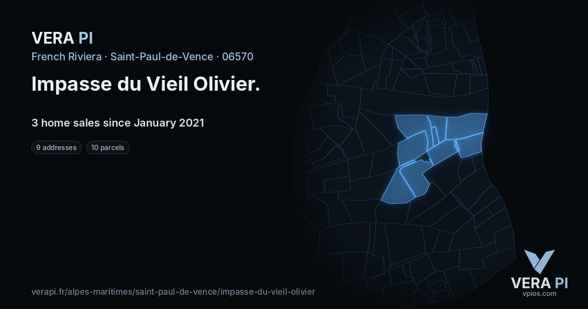 Impasse du Vieil Olivier, Saint-Paul-de-Vence at night – every parcel coloured by the prices around it, the street's own parcels lit