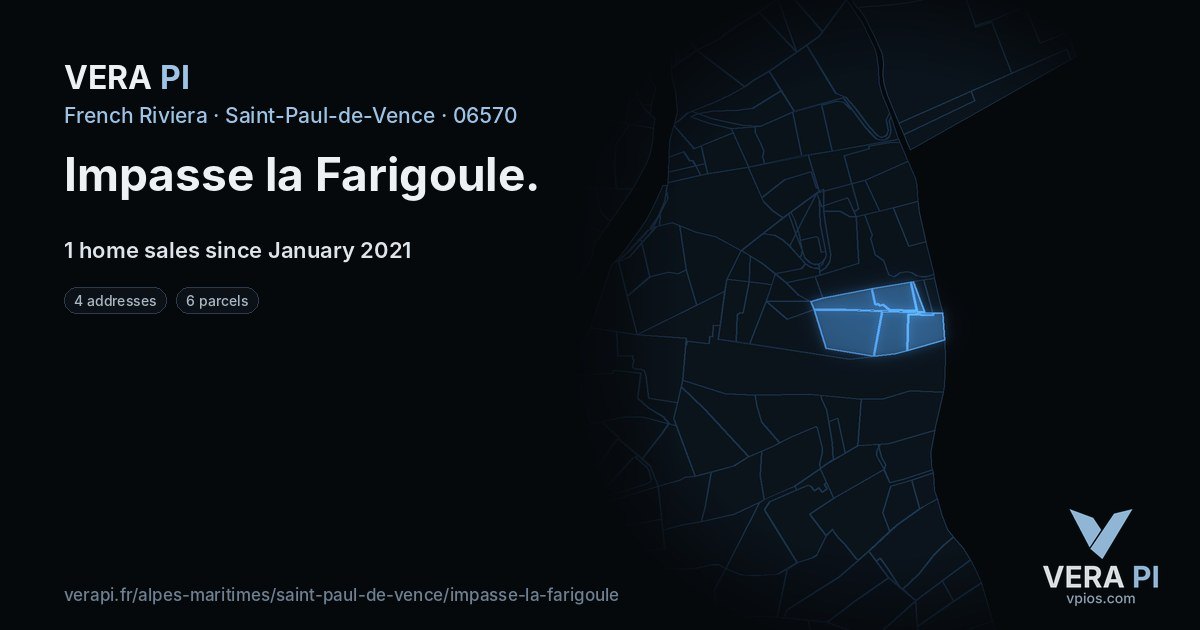 Impasse la Farigoule, Saint-Paul-de-Vence at night – every parcel coloured by the prices around it, the street's own parcels lit