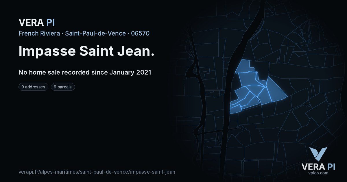 Impasse Saint Jean, Saint-Paul-de-Vence at night – every parcel coloured by the prices around it, the street's own parcels lit