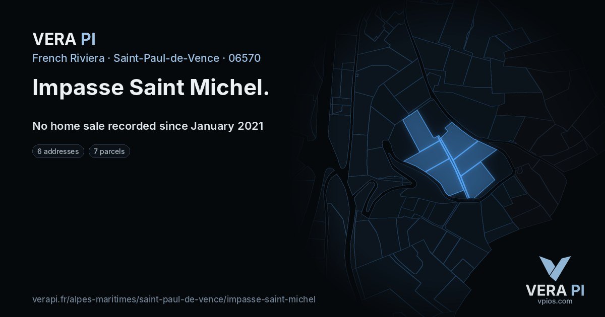 Impasse Saint Michel, Saint-Paul-de-Vence at night – every parcel coloured by the prices around it, the street's own parcels lit