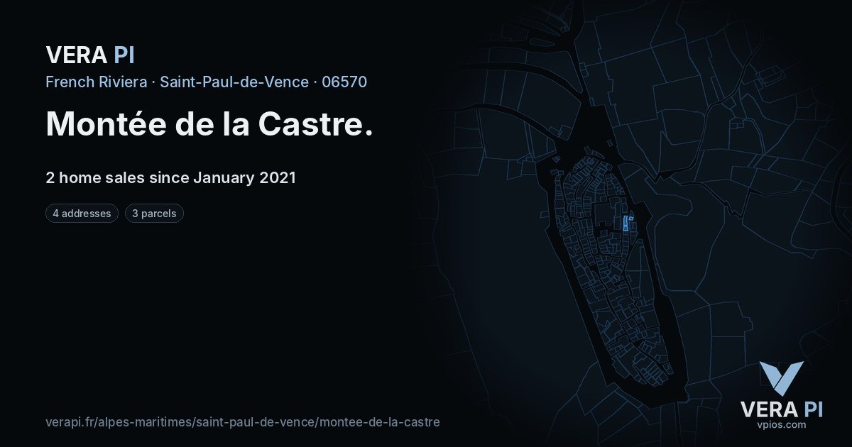 Montée de la Castre, Saint-Paul-de-Vence at night – every parcel coloured by the prices around it, the street's own parcels lit