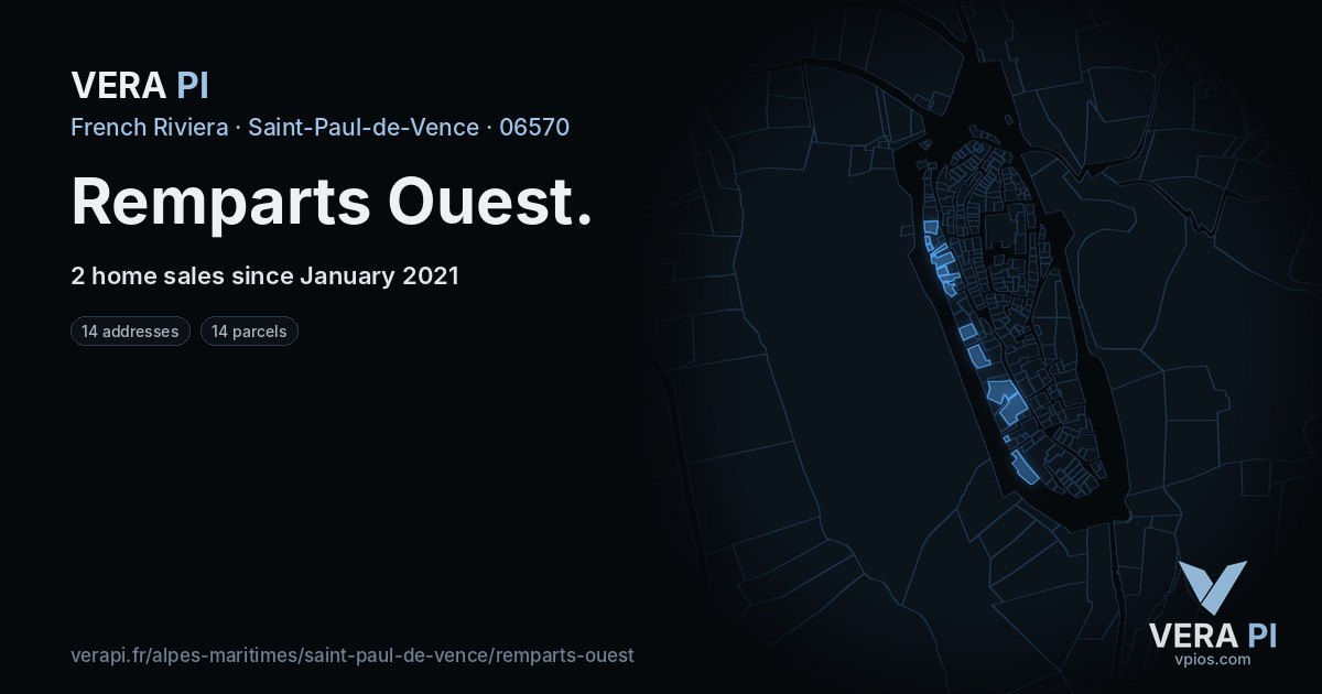 Remparts Ouest, Saint-Paul-de-Vence at night – every parcel coloured by the prices around it, the street's own parcels lit
