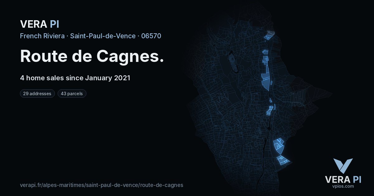 Route de Cagnes, Saint-Paul-de-Vence at night – every parcel coloured by the prices around it, the street's own parcels lit