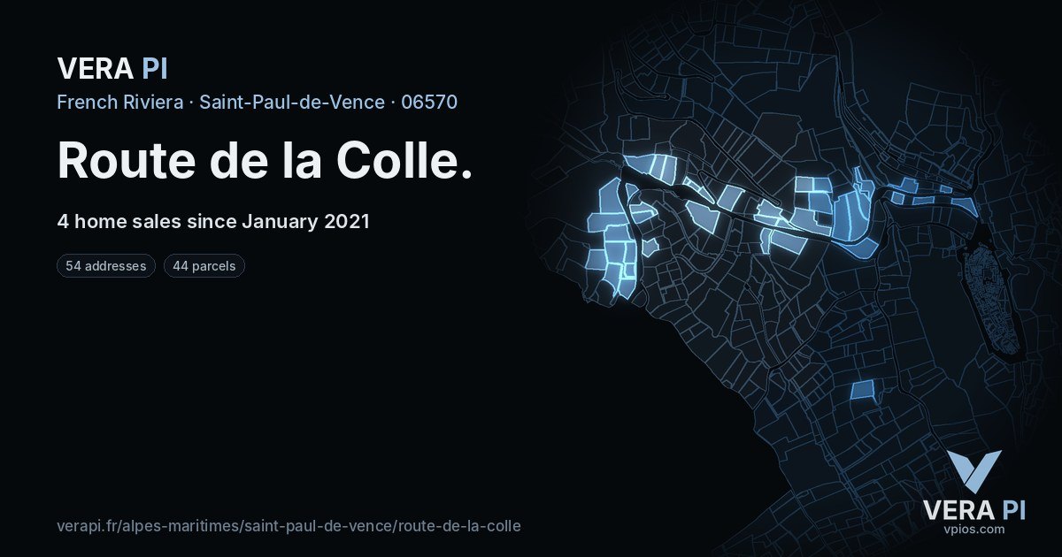 Route de la Colle, Saint-Paul-de-Vence at night – every parcel coloured by the prices around it, the street's own parcels lit