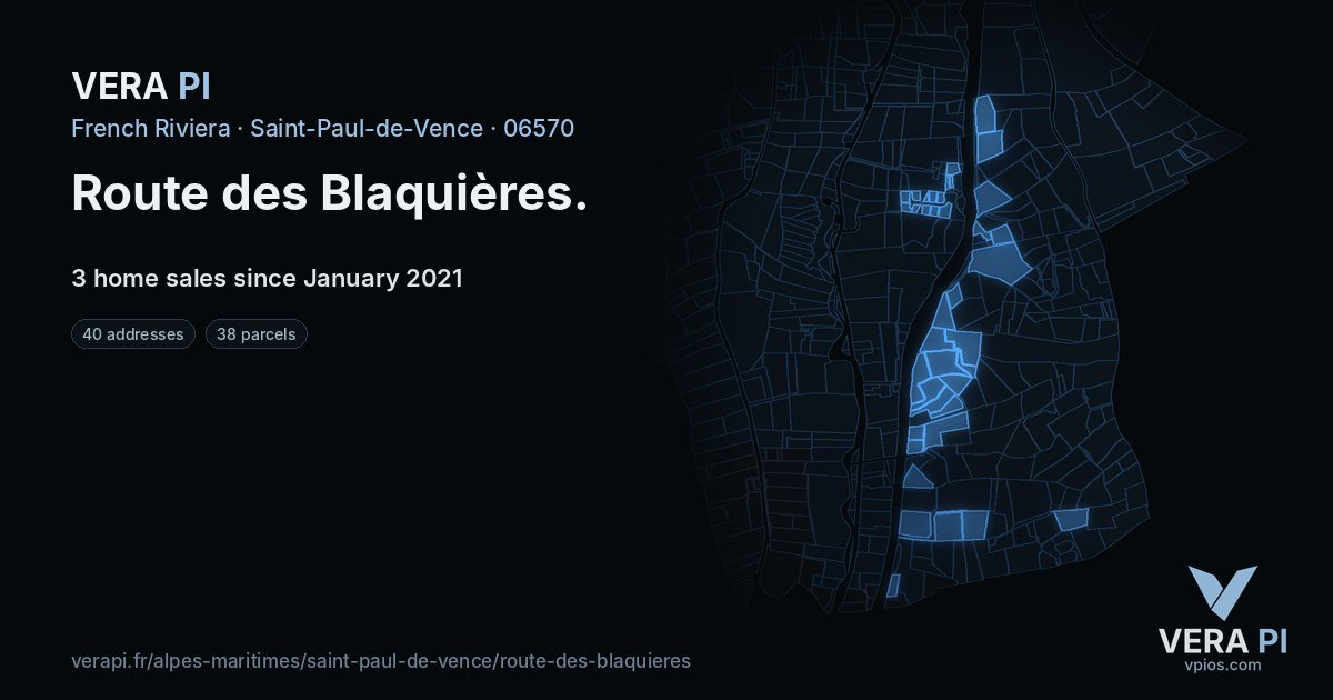 Route des Blaquières, Saint-Paul-de-Vence at night – every parcel coloured by the prices around it, the street's own parcels lit