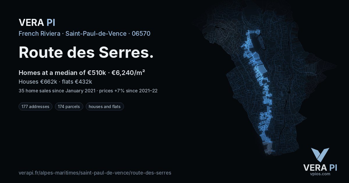 Route des Serres, Saint-Paul-de-Vence at night – every parcel coloured by the prices around it, the street's own parcels lit