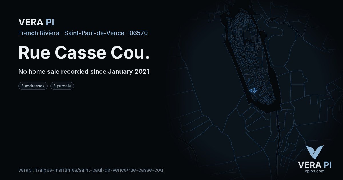 Rue Casse Cou, Saint-Paul-de-Vence at night – every parcel coloured by the prices around it, the street's own parcels lit